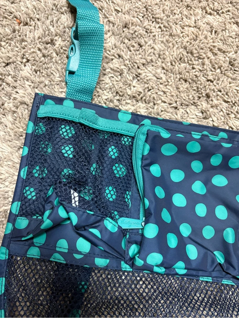 thirty-one Teal Polka Dot Mesh Stroller/Car Seat hanging Organizer bag.